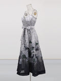 Sling Skirt Crumm Flower Ink High-End Long Dress 2025 New Tice With Waist Lotus Leaf Swing Dress Women's Summer