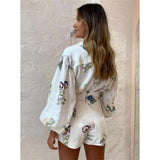 Autumn Australian Fashion Brand Elegant Fresh Floral Femininity Commuting Long-Sleeved Shirt Top High-Waist Shorts Set
