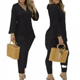 Explosion Color New Plain Horn Sleeve V Collar Top And Trousers Fashion Lady Set DJPT