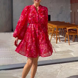 V-Neck Print Lantern Sleeve Chiffon High-Waisted Dress In Autumn 2024
