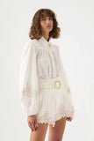 Australian Vintage Lantern Sleeve Flower Embroidered White Shirt + High-Rise Thin Belt Shorts Set