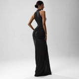 Women's Solid Color Sleeveless Hanging Neck Tight-Up Kitted Open Fork Dress DJPT