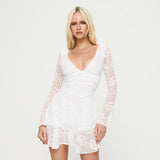 Women's Clothing V-Neck Dew Back Lace Fabric Splicing Elegant Short Skirt DJPT