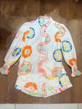 And Summer 2024 Australian Seaside Holiday Wind Leisure Long-Sleeved Shirt + With Belt High-Rise Printed Shorts Set For Women