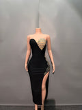 Heavy Industry Diamond High Open Fork Bra Black Dress Famous Party French High-End Feel Evening Dress