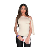 Golden Little Sister With The Same Ribbon Clothes 2025 Summer New Sexy Shoulder T-Shirt Girl DJPT