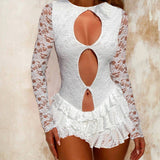 Women's Summer New Characters Empty Lace Long-Sleeved Leaf-Flaved Bracelet Dress DJPT