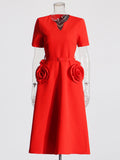 Elegant Style 2025 Spring New V-Neck Rose High-Waisted Dress Dress Dress Woman