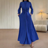 Women's Half-High Collar Lantern Sleeve Dress High-Waisted Knot Design Dress