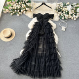 A line Off The Shoulder Tulle Short Sleeves Black Tulle Holiday Dresses Ruffles Women Dress SD1269