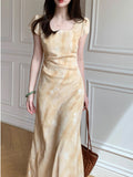 | 2025 Summer New Homemade Elegant [Yellow Rose] Yellow Jahua Short Sleeve Dress DJPT