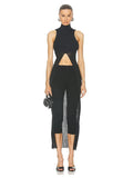 Women's Clothing 2025 Spring Personality Standing Sleeveless Open Forked Perspective Knitting Sexy Long Top