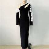 Hollow Oblique Shoulder Three-Dimensional Flower Long Sleeve Banded Dress Party Dinner Dress Dress