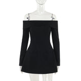 Sexy Wind Shoulder A Swing Dress Woman Autumn New Temperament Elegant Body Ass Skirt DJPT