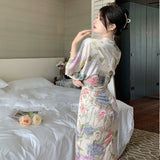 New French Waist-Covered Stamped Temperament Dress Long Sleeve V-Neck Spring Dress Women's Holiday Oil Painting Long Dress