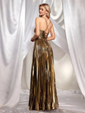 Women's Clothing Hanging Neck Dress Sexy Evening Dress Forked Sleeveless Gold Showback 8110 HZ0628