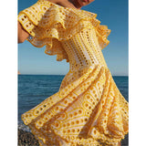 Niche Brand Sweet Sexy One-Word Lotus Leaf Edge Hollow Embroidery Showing Thin Waist Holiday Dress