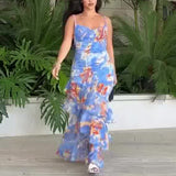 Women's Summer Sling V Tie Floral Skirt High Waist Slim Thin Lotus Leaf Dress