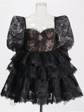Version Of The Women's Group Wind 2025 Summer New Heavy Industry Bubble Sleeves Embroidered With Leaves Side Short Women's Dress