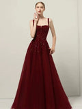 A line Straps Sequin Burgundy Long Party Dress Prom Dresses SD1503 HZ0628
