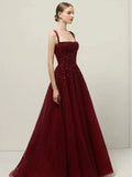 A line Straps Sequin Burgundy Long Party Dress Prom Dresses SD1503 HZ0628