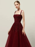 A line Straps Sequin Burgundy Long Party Dress Prom Dresses SD1503 HZ0628