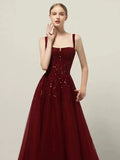 A line Straps Sequin Burgundy Long Party Dress Prom Dresses SD1503 HZ0628