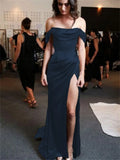 A-Line Off The Shoulder Blue Satin Long Prom Dresses Formal Evening Dress SD1391