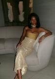 Mermaid Strapless Long Yellow Sequin Satin Party Dresses Prom Dresses SD2042 HZ0628