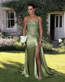 Mermaid Spaghetti Straps Sage Green Long Satin Prom Dresses Formal Evening Dress SD2416 HZ0628