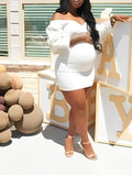 White Off Shoulder Backless V-Neck Lantern Sleeve Bodycon Party Cute Baby Shower Maternity Mini Dress Maternity