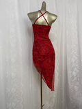 Sheath Straps Floral Red Travel Vacation Beach Dress Short Birthday Dress SD0026