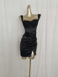 Sheath Straps Floral Black Slit Travel Vacation Dress Short Birthday Dress SD0059