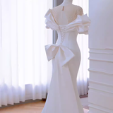 Mermaid Scoop Neckline Satin White Long Wedding Dresses SD0076