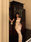 Sheath Strapless Floral Ivory Long Prom Dresses Birthday Outfits Evening Gown SD1001