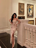 Sheath Strapless Floral Ivory Long Prom Dresses Birthday Outfits Evening Gown SD1001