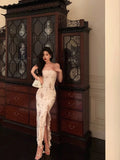 Sheath Strapless Floral Ivory Long Prom Dresses Birthday Outfits Evening Gown SD1001