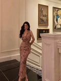 Sheath V Neckline Long Pink Floral Prom Dresses Birthday Outfits Evening Gown SD1002