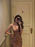 Sheath V Neckline Long Pink Floral Prom Dresses Birthday Outfits Evening Gown SD1002