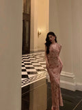 Sheath V Neckline Long Pink Floral Prom Dresses Birthday Outfits Evening Gown SD1002