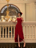 High Low Spaghetti Straps Red Long Prom Dresses Birthday Outfits Evening Gown SD1004