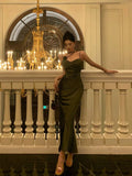 Sheath Spaghetti Straps Green Satin Long Prom Dresses Evening Gowns SD1005