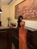 A line V neckline Orange Chiffon Long Prom Dresses Birthday Outfits Evening Gown SD1011