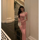 Sheath Square Neckline Pink Prom Dresses Slit Birthday Outfits Evening Gown SD1021