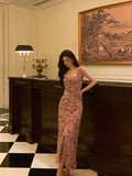 Sheath Square Neckline Floral Pink Prom Dresses Birthday Outfits Evening Gown SD1025