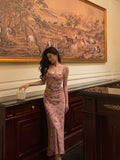 Sheath Square Neckline Floral Pink Prom Dresses Birthday Outfits Evening Gown SD1025