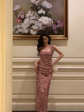 Sheath Square Neckline Floral Pink Prom Dresses Birthday Outfits Evening Gown SD1025