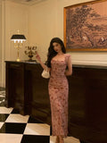 Sheath Square Neckline Floral Pink Prom Dresses Birthday Outfits Evening Gown SD1025