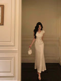 Sheath V Neckline Ivory Satin Prom Dresses Birthday Outfits Evening Gown SD1027