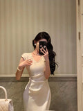 Sheath V Neckline Ivory Satin Prom Dresses Birthday Outfits Evening Gown SD1027